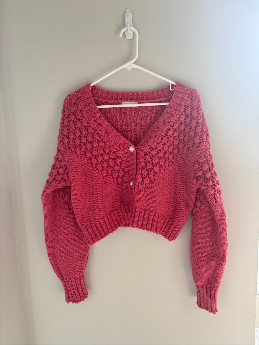 Cropped Raspberry Knit V-Neck Cardigan
